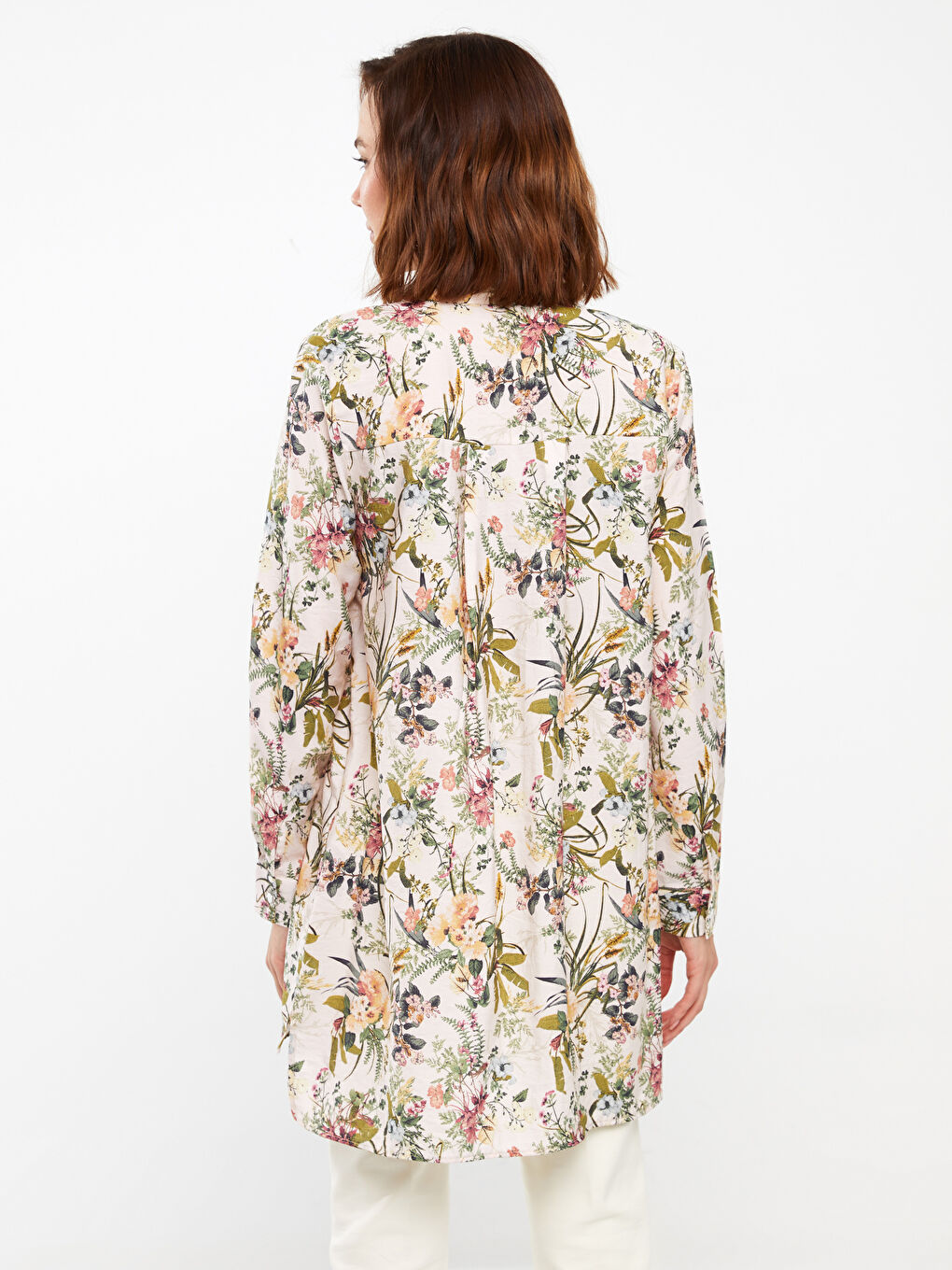 Pembe Çiçekli Uzun Kollu Poplin Kadın Gömlek Tunik-4