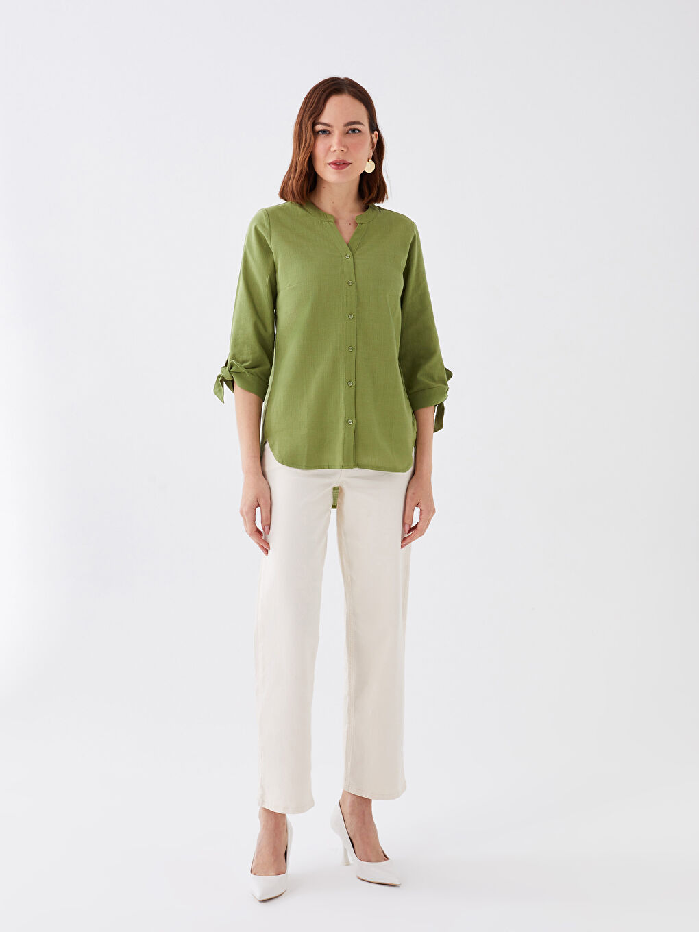 Yeşil Kadın Kaçık Yaka Düz Gömlek-2