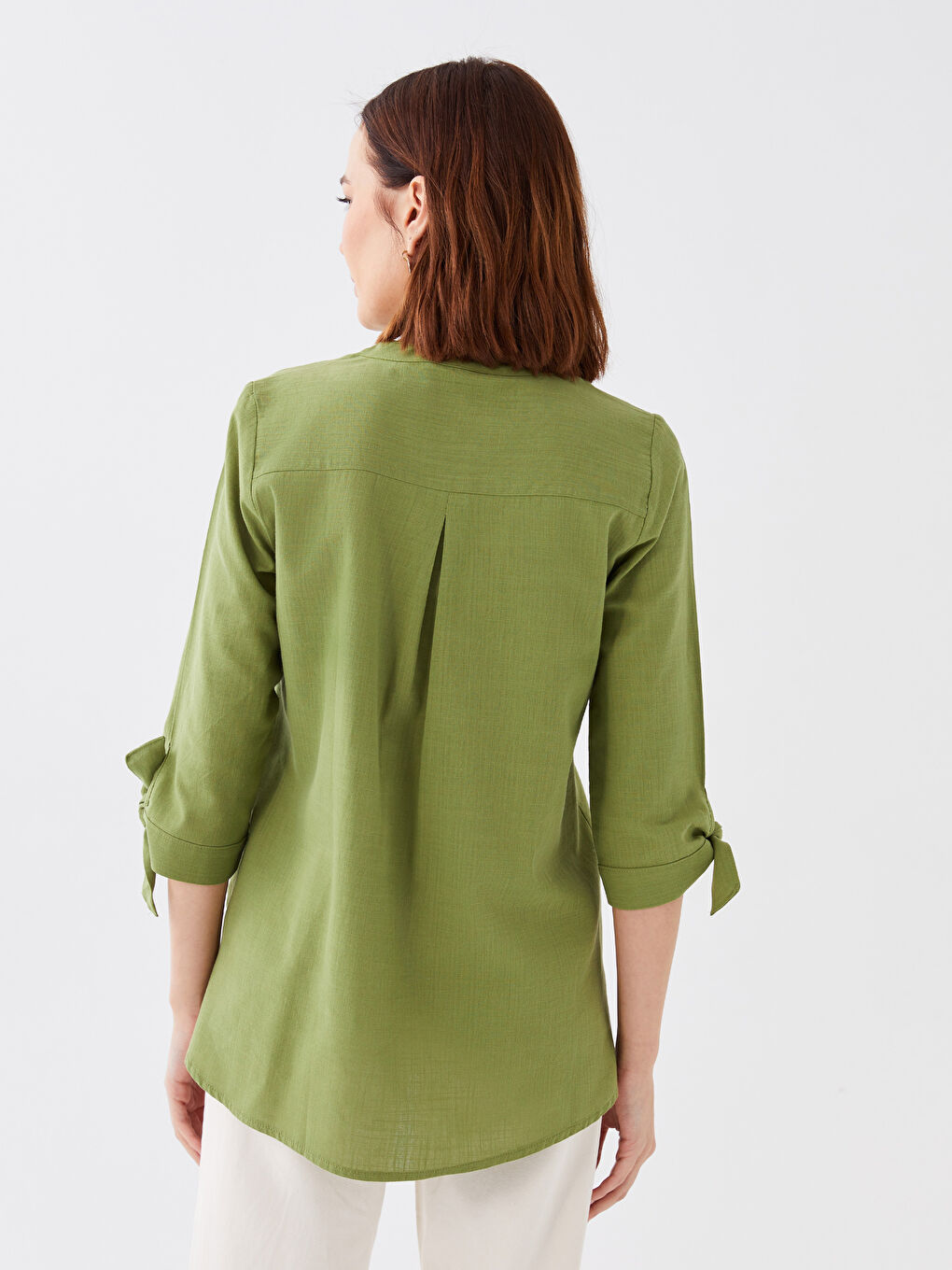 Yeşil Kadın Kaçık Yaka Düz Gömlek-4