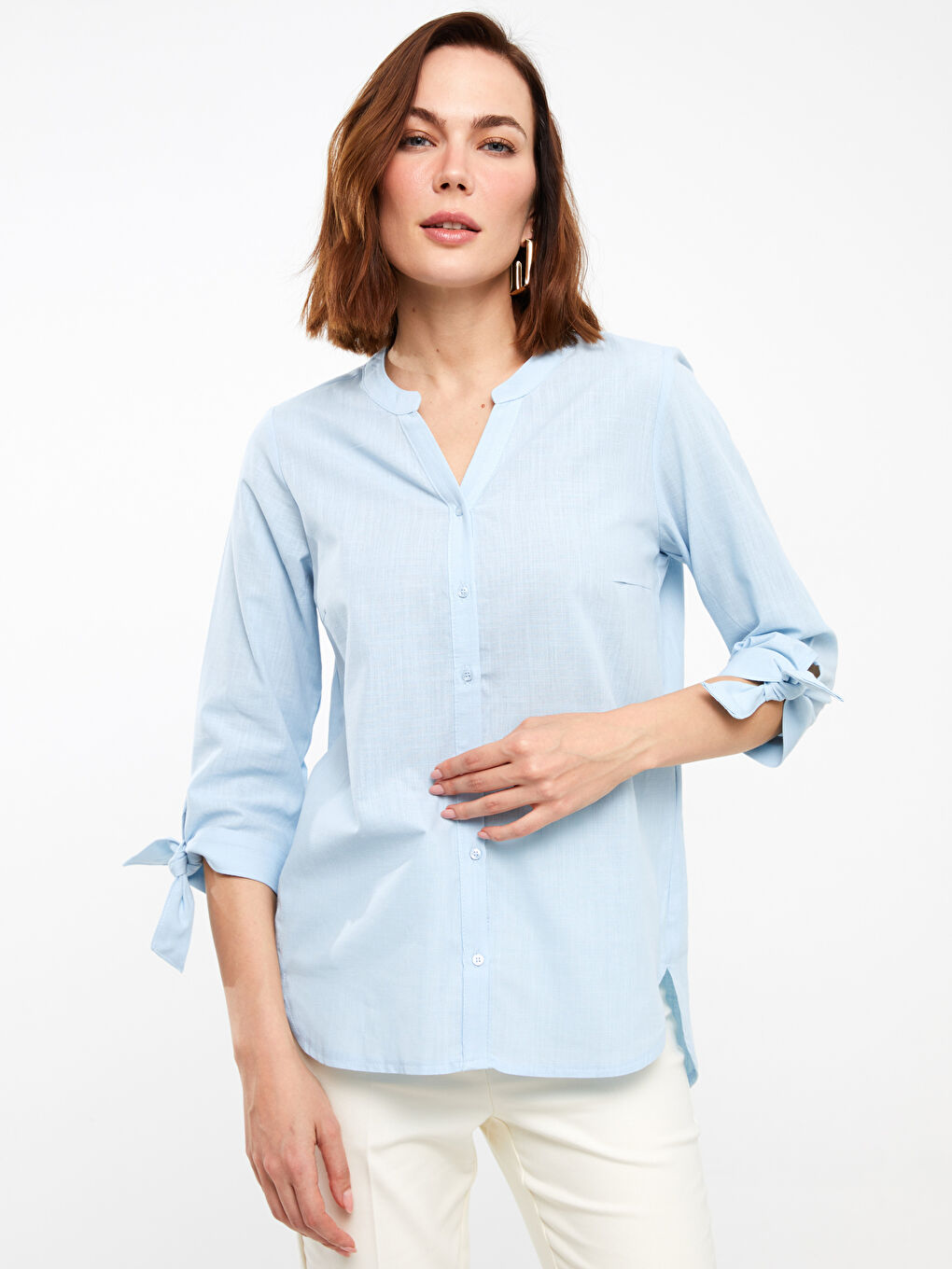 Mavi Kadın Kaçık Yaka Düz Gömlek