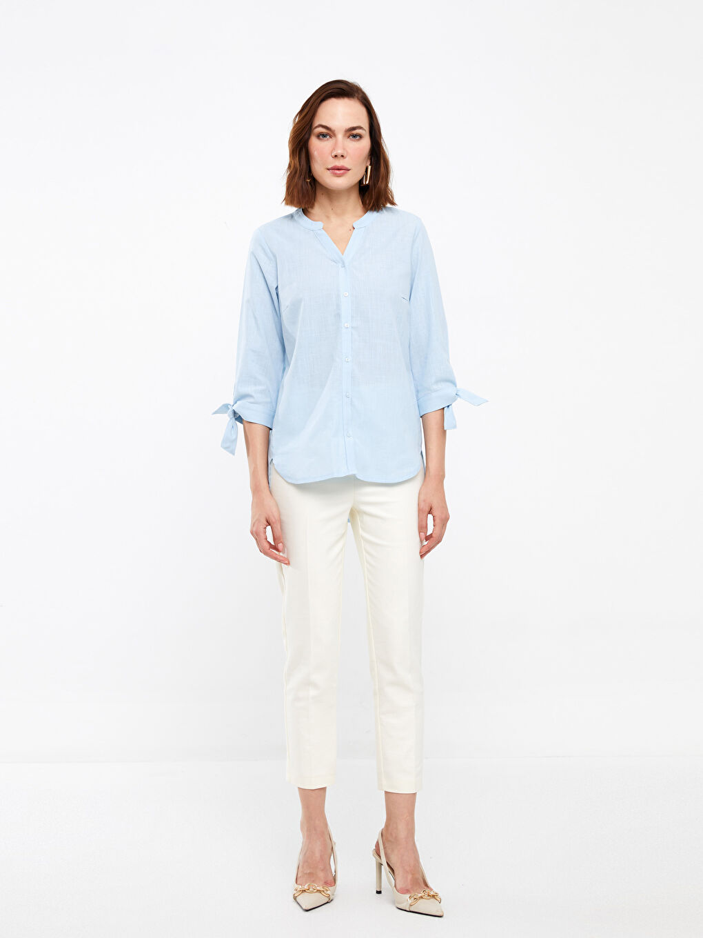 Mavi Kadın Kaçık Yaka Düz Gömlek-1