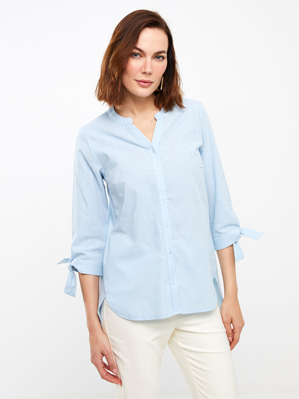 Mavi Kadın Kaçık Yaka Düz Gömlek-2