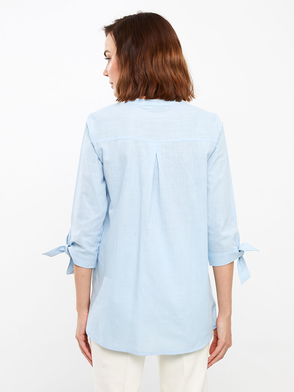 Mavi Kadın Kaçık Yaka Düz Gömlek-4