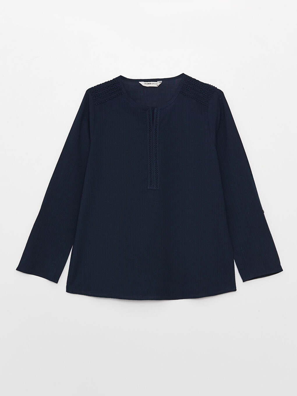 Blouse pour Femmes en Popeline à Manches Longues avec Détails en Dentelle et Encolure Henley-5