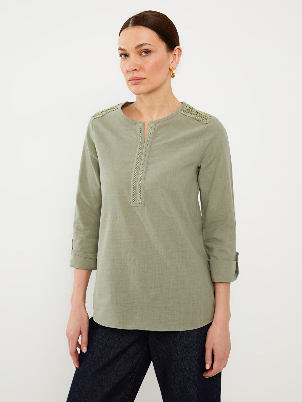 Bluză Poplin cu Mânecă Lungă și Detalii din Dantelă, Decolteu Henley pentru Femei-2