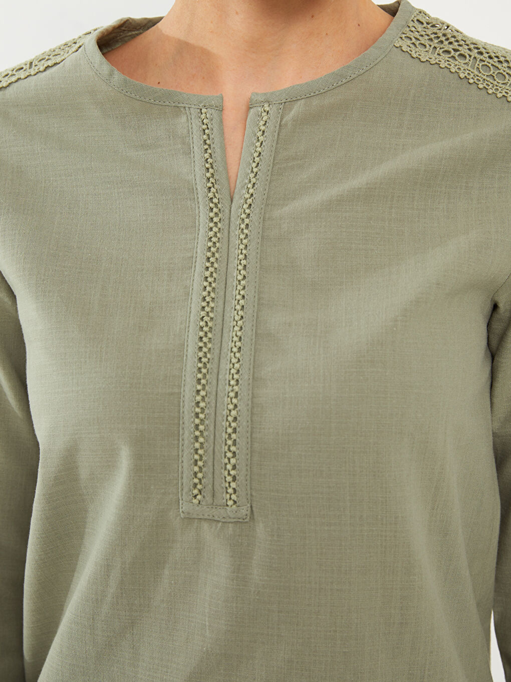 Bluză Poplin cu Mânecă Lungă și Detalii din Dantelă, Decolteu Henley pentru Femei-3