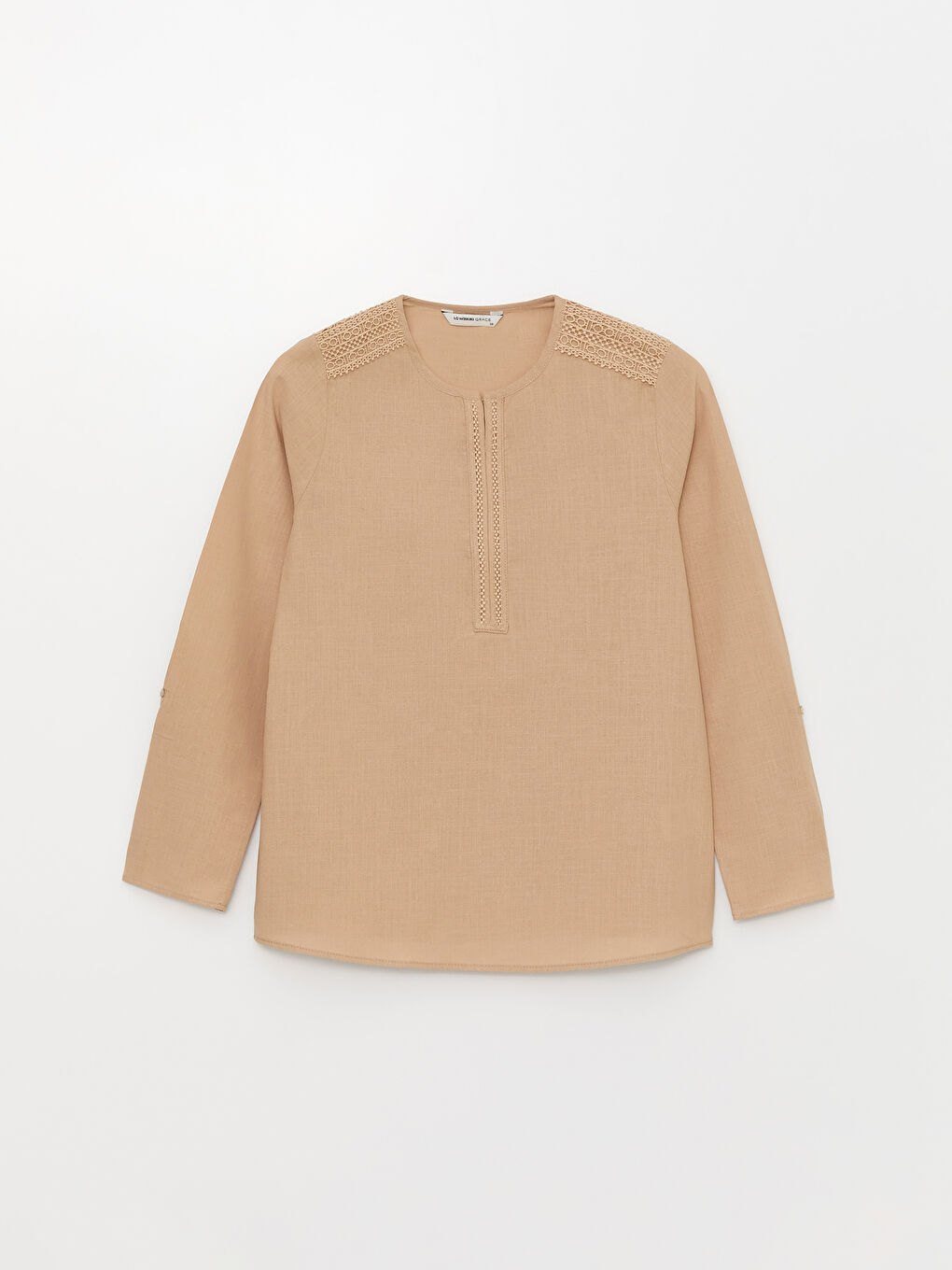 Bej Kaçık Yaka Dantel Detaylı Uzun Kollu Poplin Kadın Bluz-5