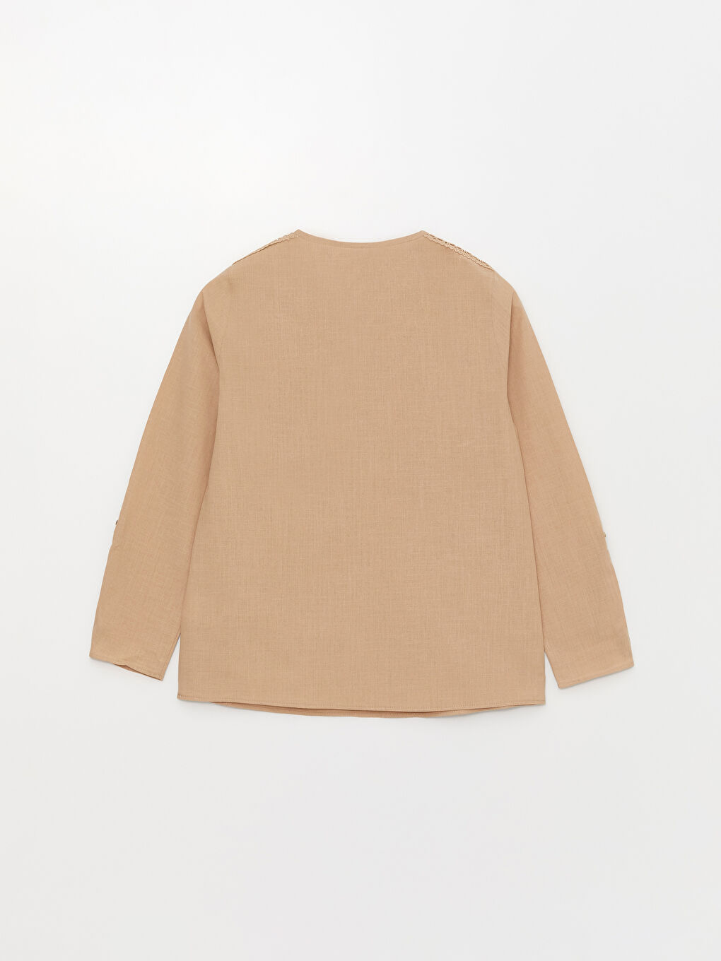 Bej Kaçık Yaka Dantel Detaylı Uzun Kollu Poplin Kadın Bluz-6