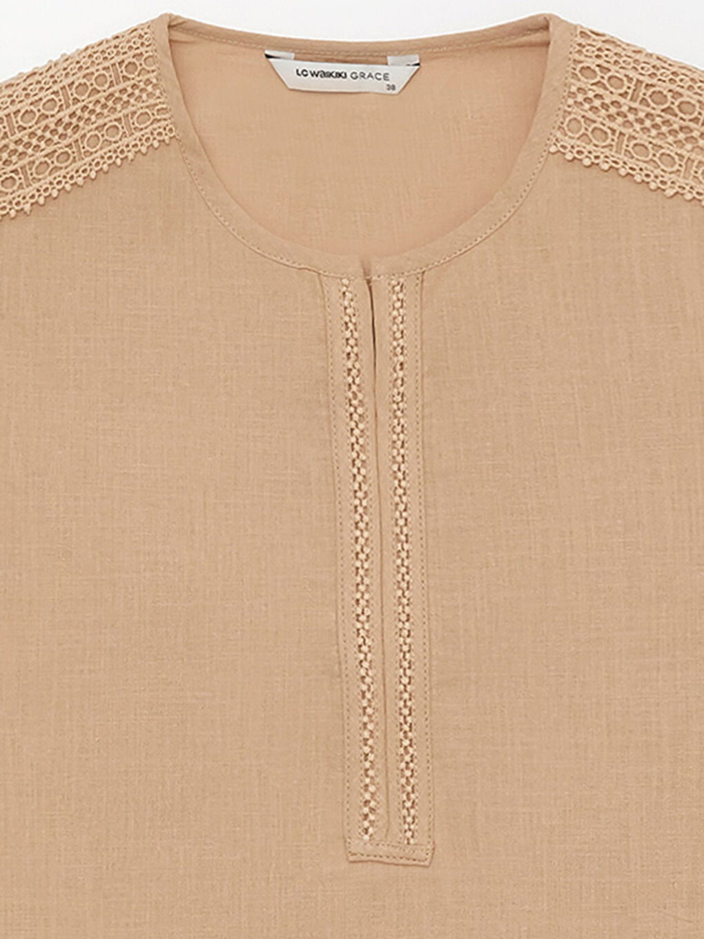 Bej Kaçık Yaka Dantel Detaylı Uzun Kollu Poplin Kadın Bluz-8