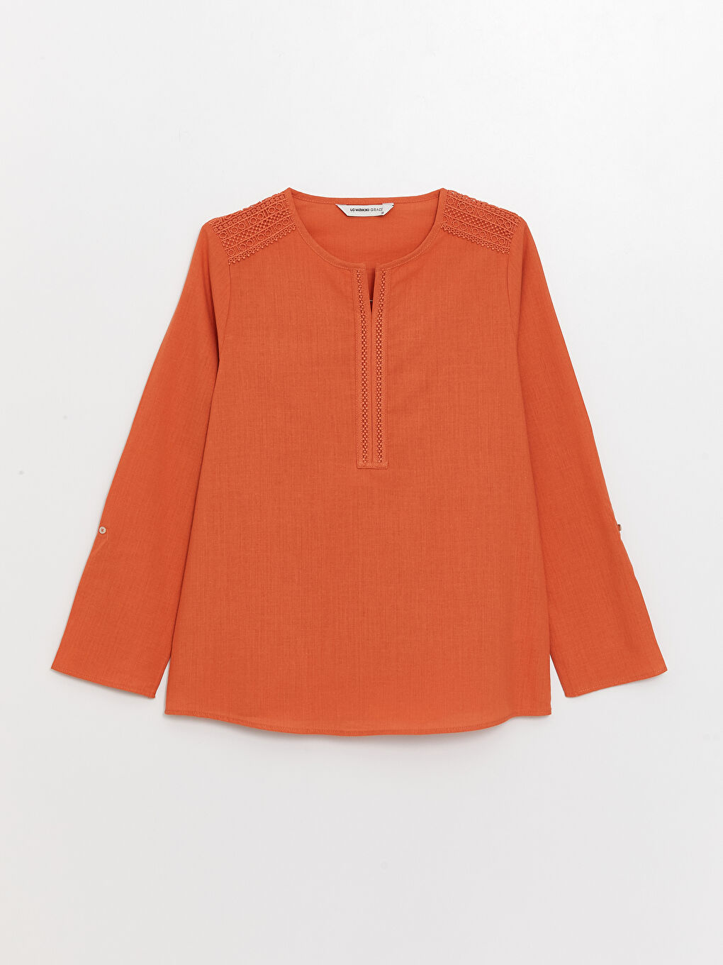 Turuncu Kaçık Yaka Dantel Detaylı Uzun Kollu Poplin Kadın Bluz-5