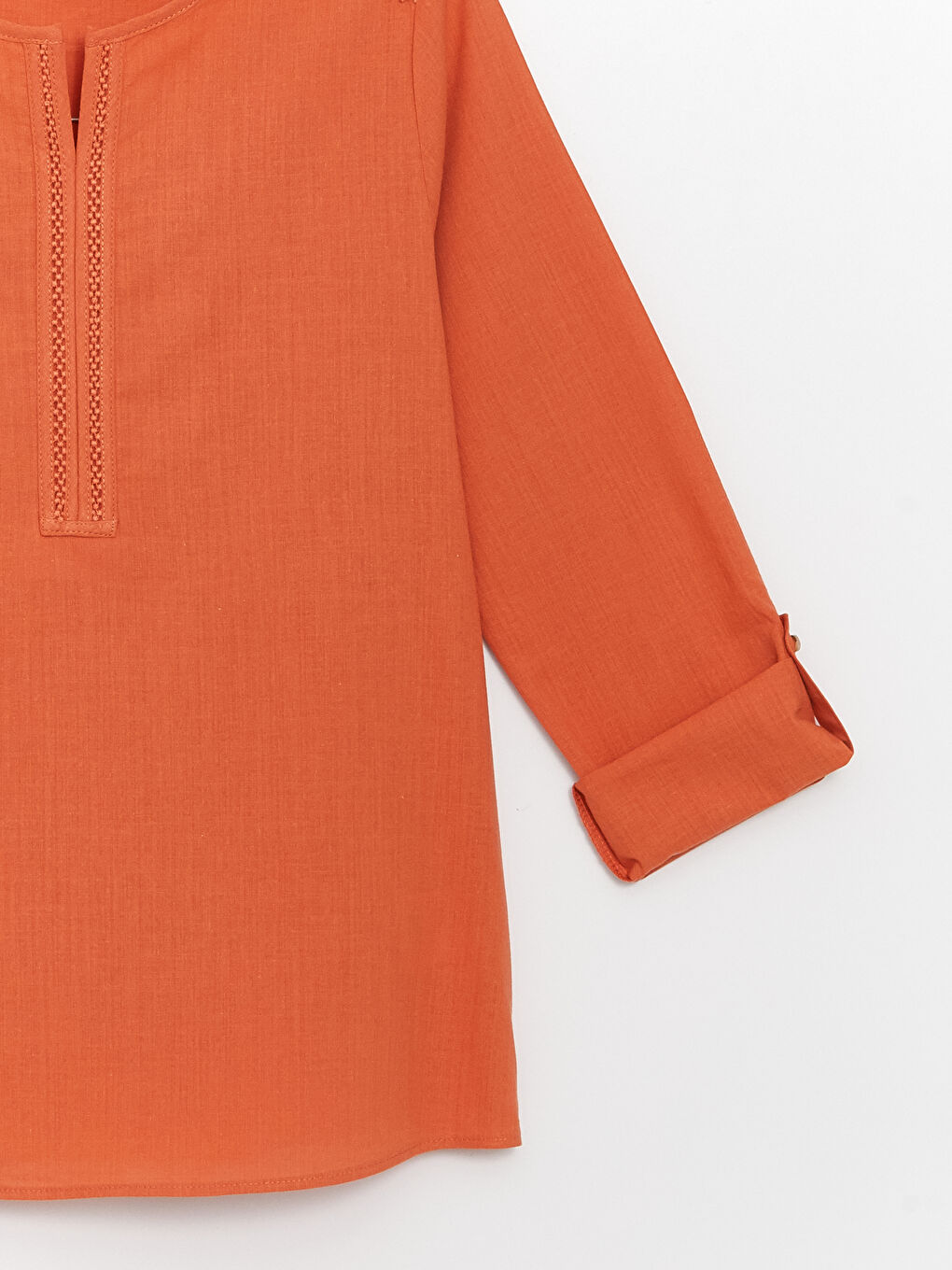 Turuncu Kaçık Yaka Dantel Detaylı Uzun Kollu Poplin Kadın Bluz-7