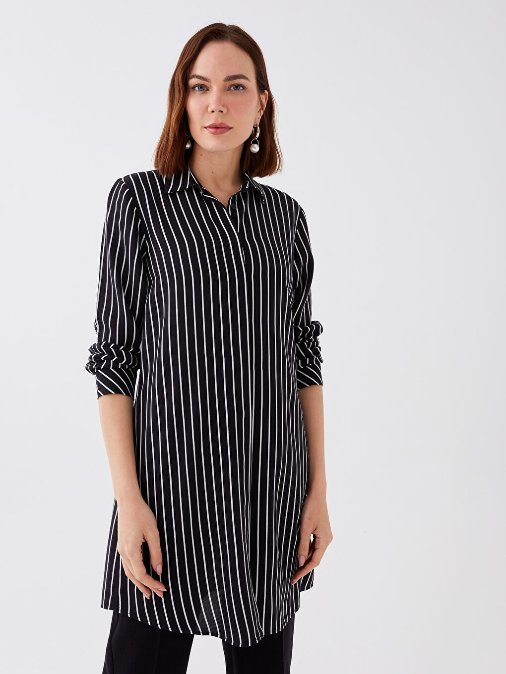 Striped Long Sleeve Poplin Women's Shirt Tunic
