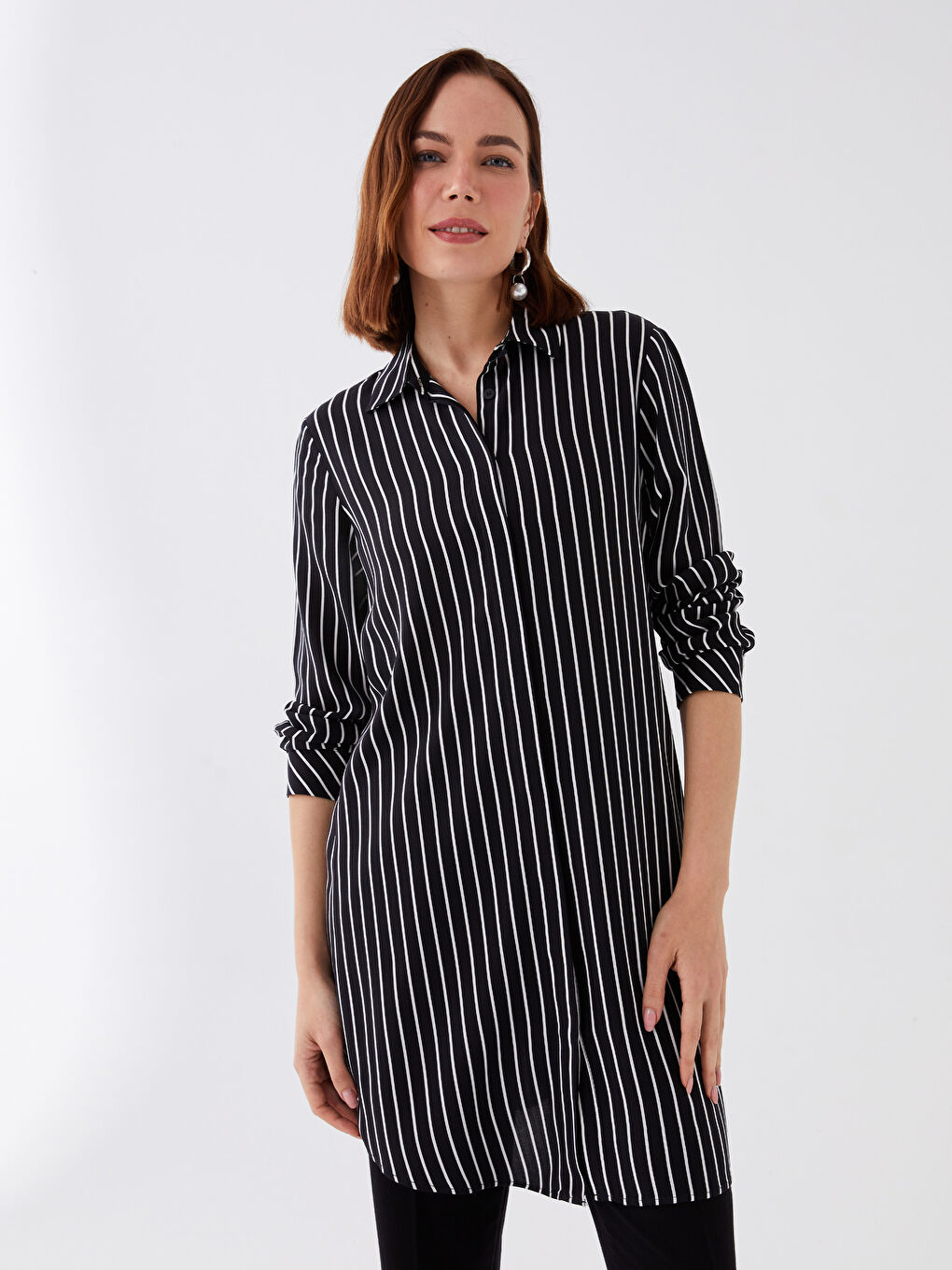 Striped Long Sleeve Poplin Women's Shirt Tunic-1