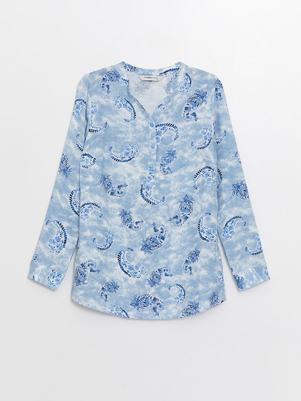 Mavi Kaçık Yaka Desenli Uzun Kollu Kadın Bluz