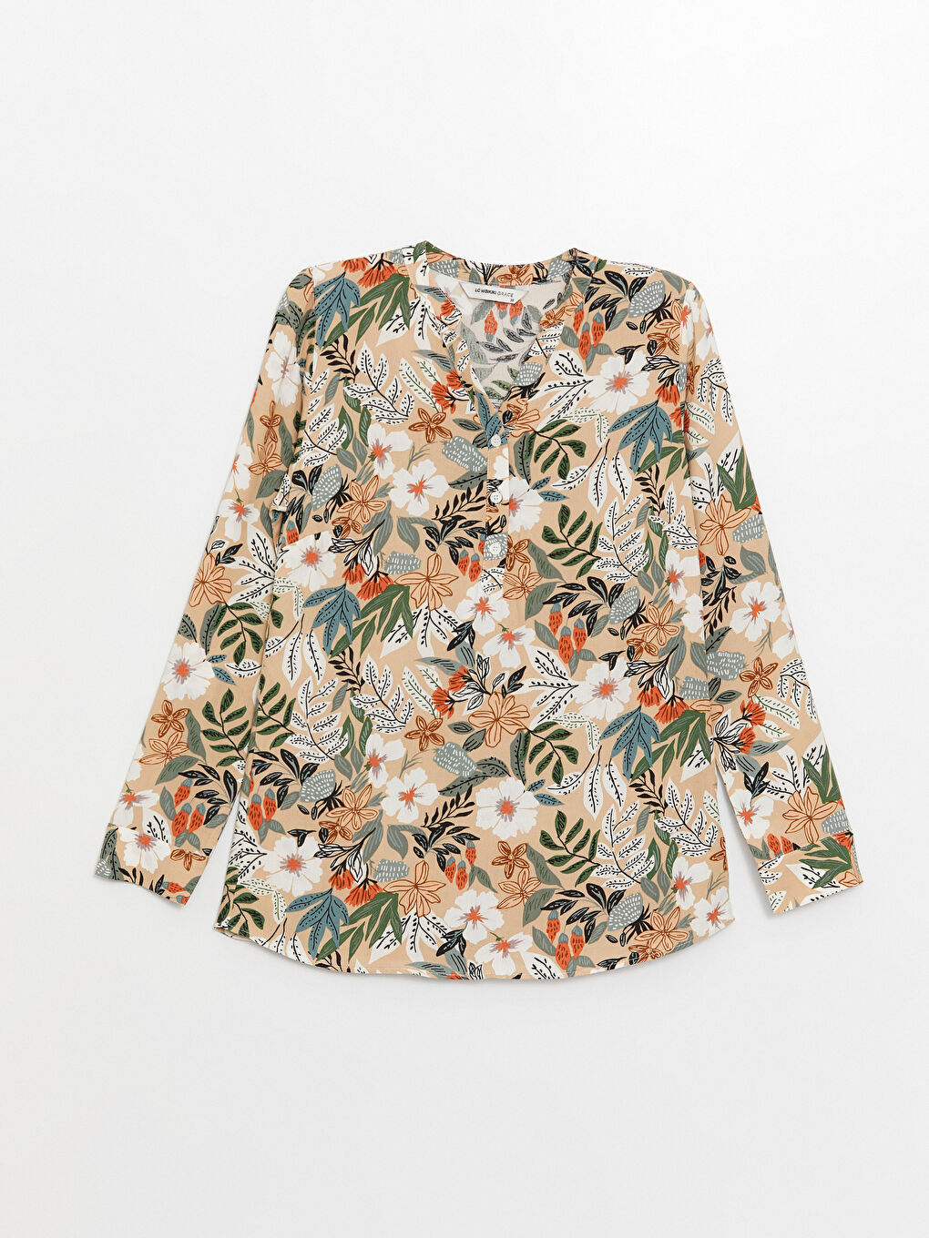Bej Kaçık Yaka Çiçekli Uzun Kollu Kadın Bluz-5