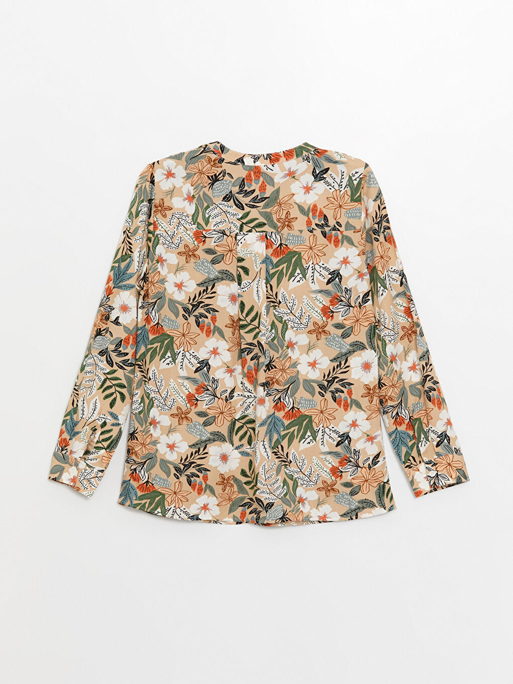 Bej Kaçık Yaka Çiçekli Uzun Kollu Kadın Bluz-6