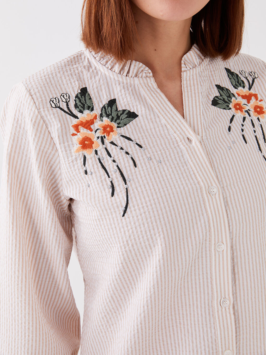 Bej Kaçık Yaka Çizgili Kadın Bluz-3