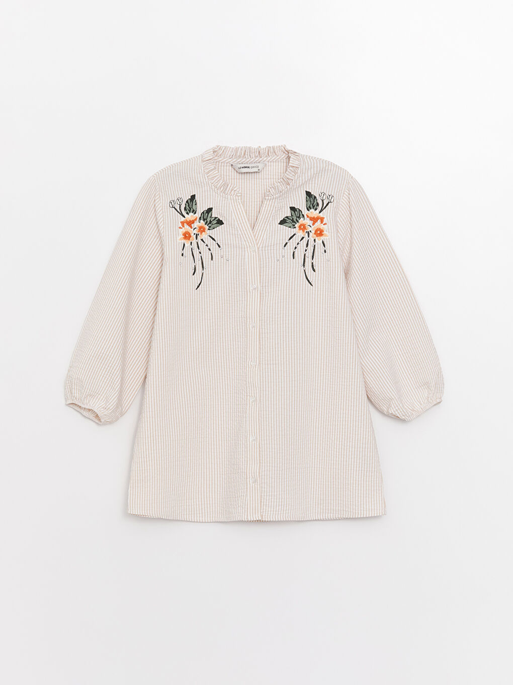 Bej Kaçık Yaka Çizgili Kadın Bluz-5