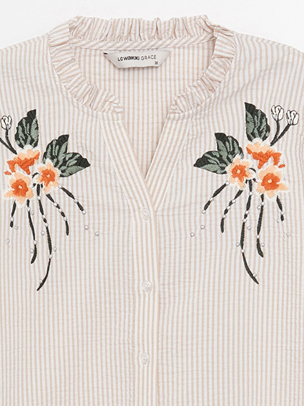 Bej Kaçık Yaka Çizgili Kadın Bluz-7