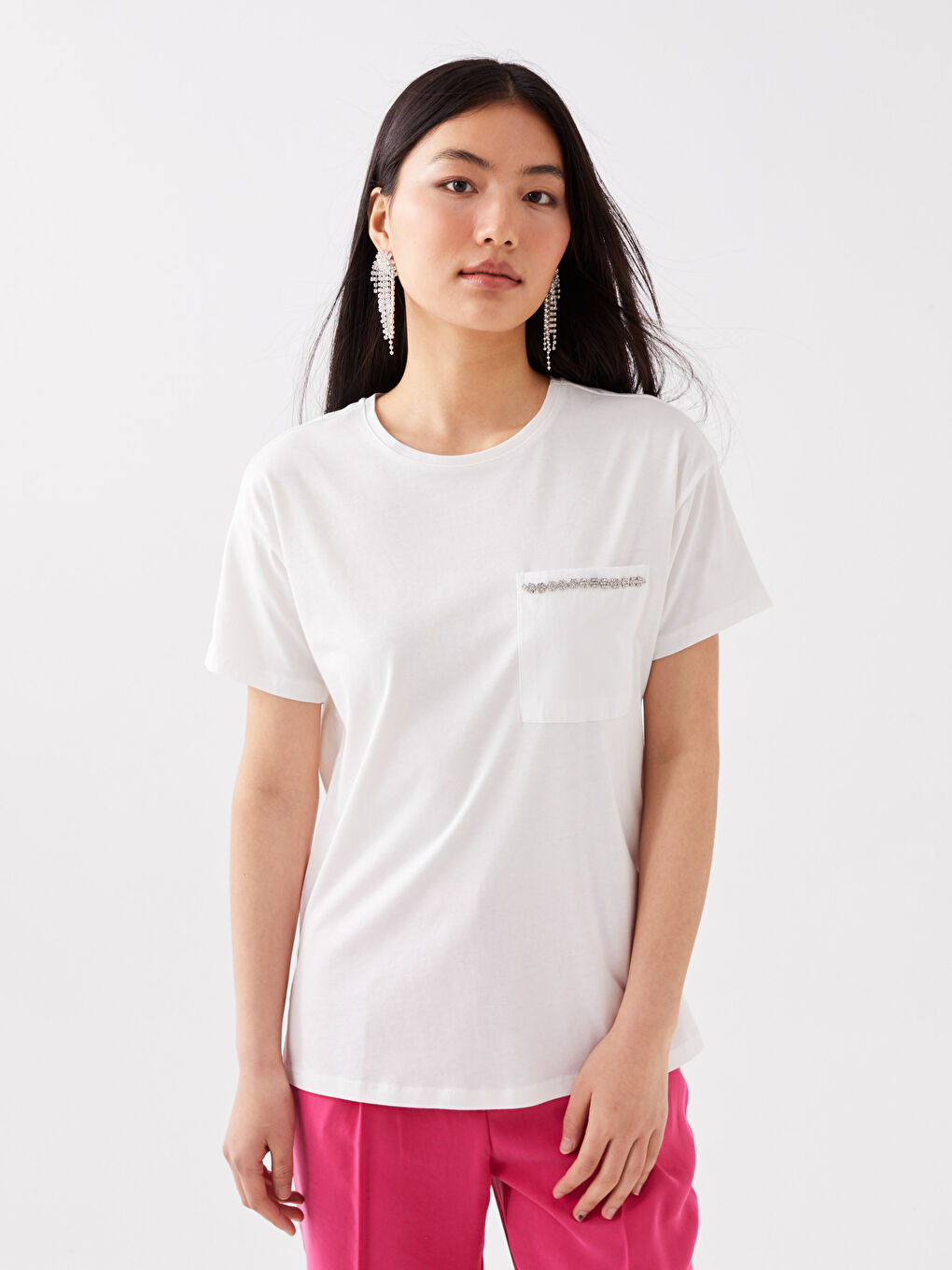 Ekru Bisiklet Yaka Düz Kısa Kollu Kadın Tişört