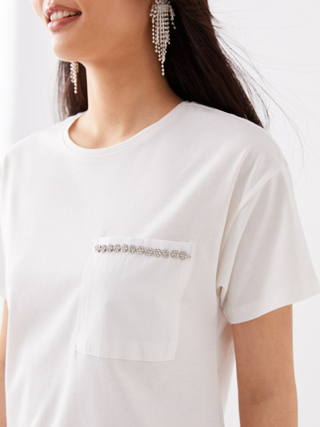 Ekru Bisiklet Yaka Düz Kısa Kollu Kadın Tişört-3