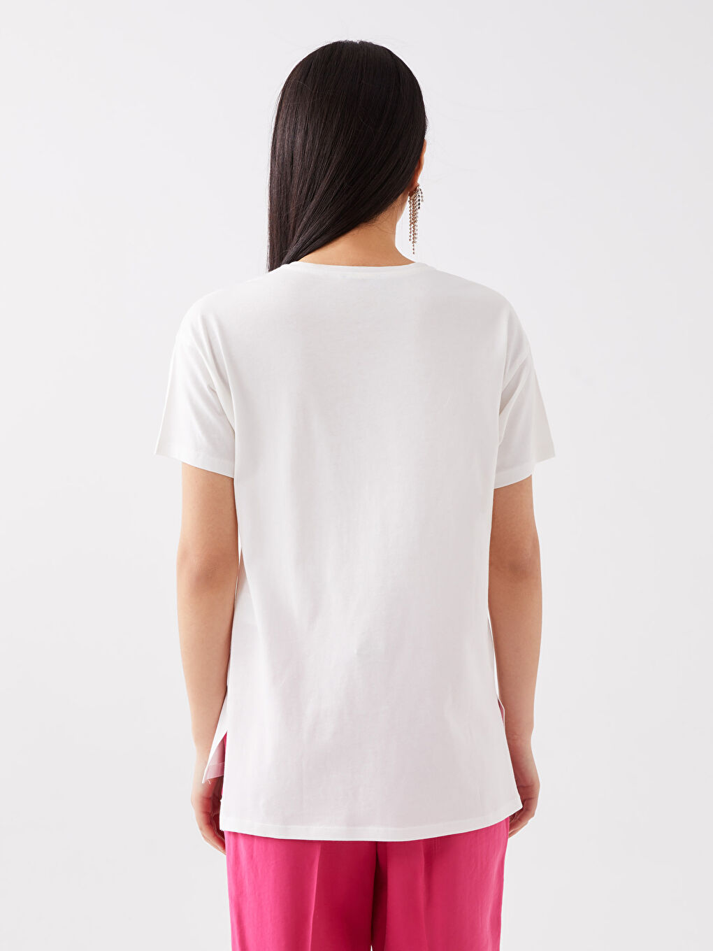 Ekru Bisiklet Yaka Düz Kısa Kollu Kadın Tişört-4