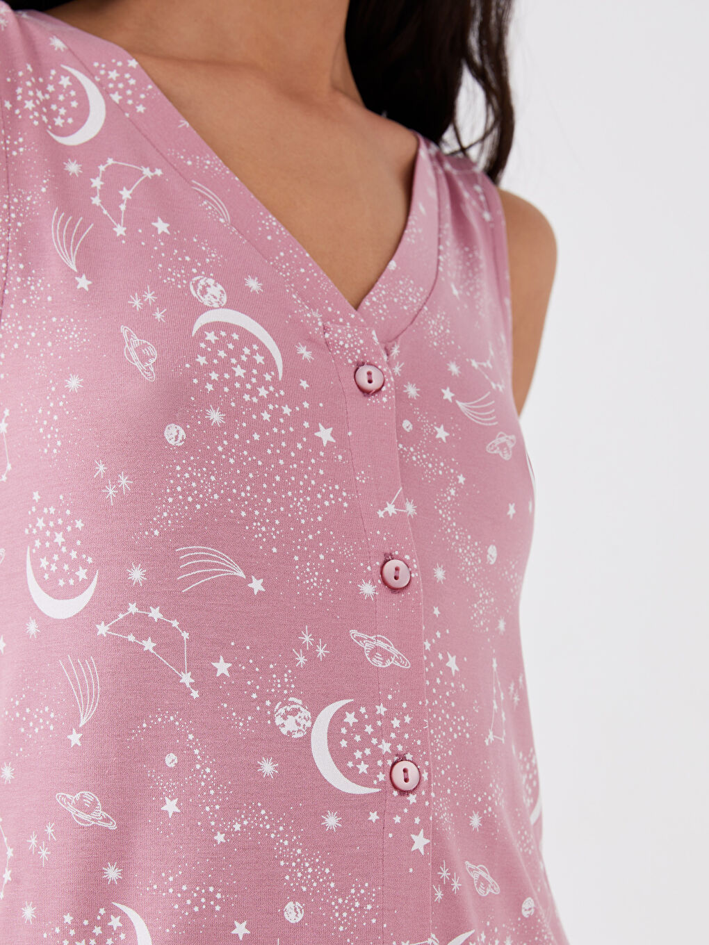 Pembe V Yaka Desenli Kadın Kaprili Pijama Takımı-2