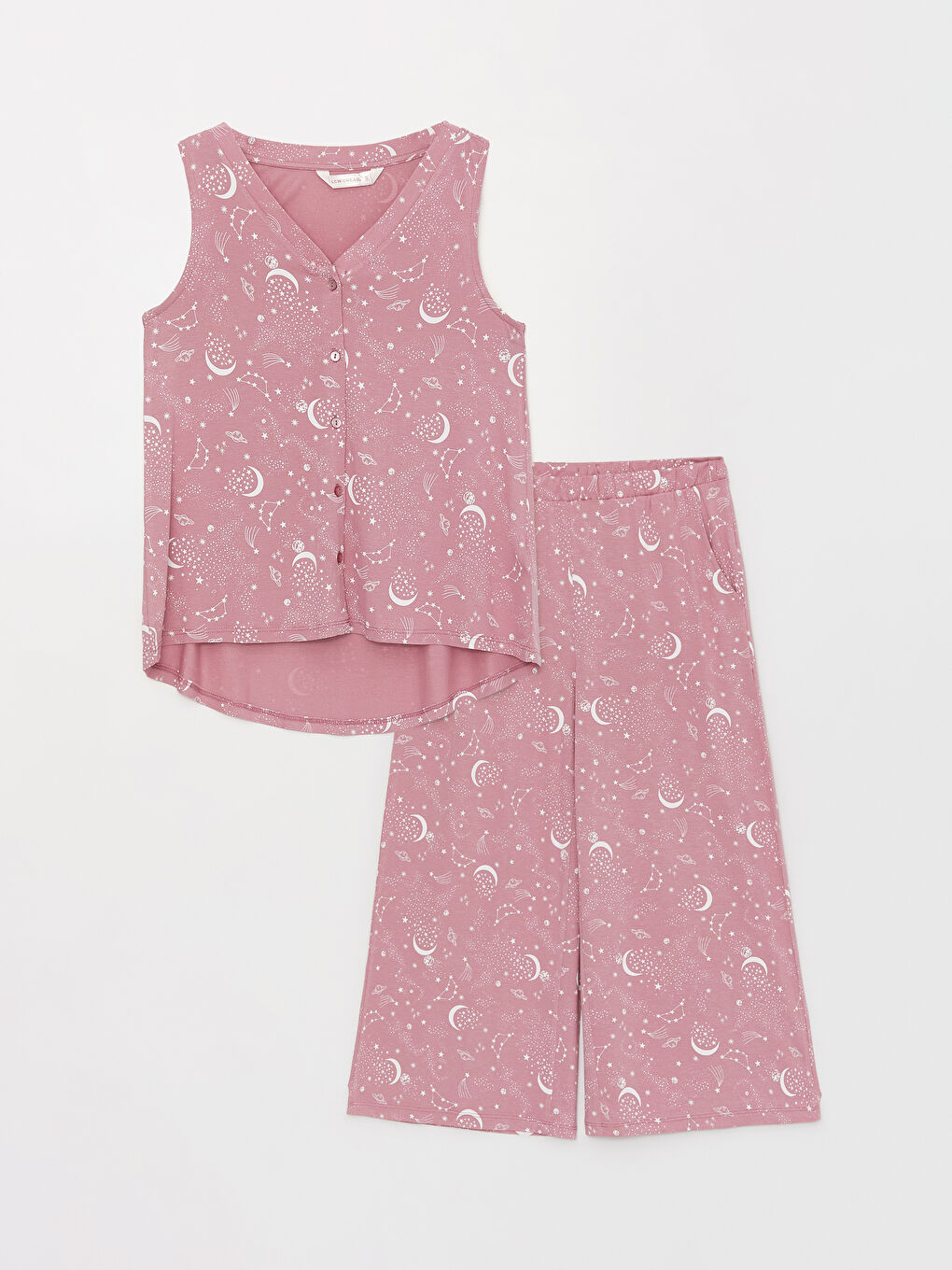 Pembe V Yaka Desenli Kadın Kaprili Pijama Takımı-4