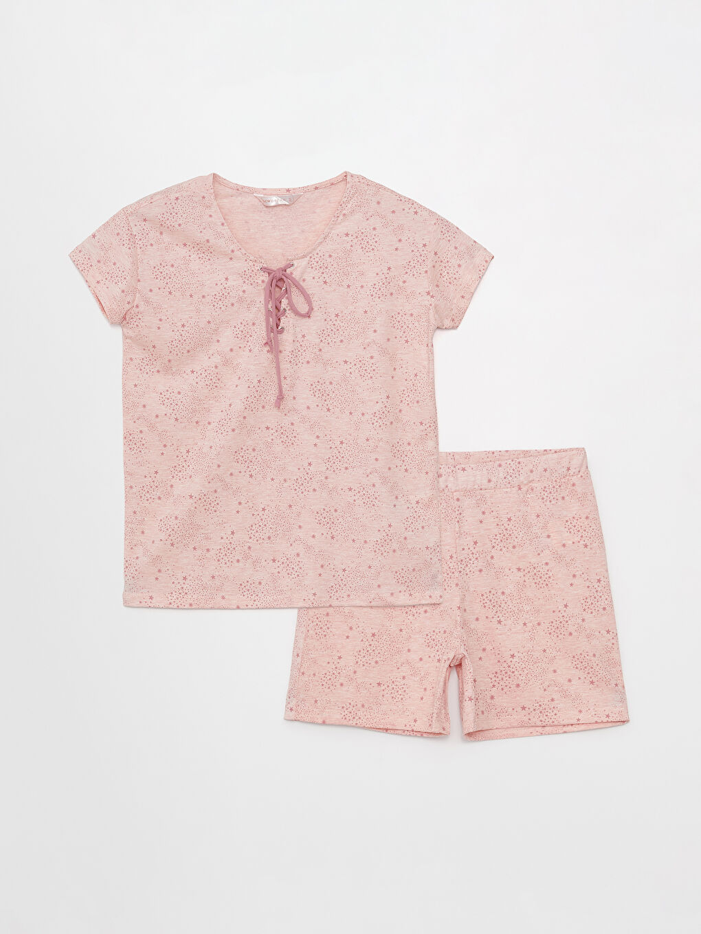 Pembe Bağlamalı Yaka Desenli Kısa Kollu Kadın Şortlu Pijama Takımı-5