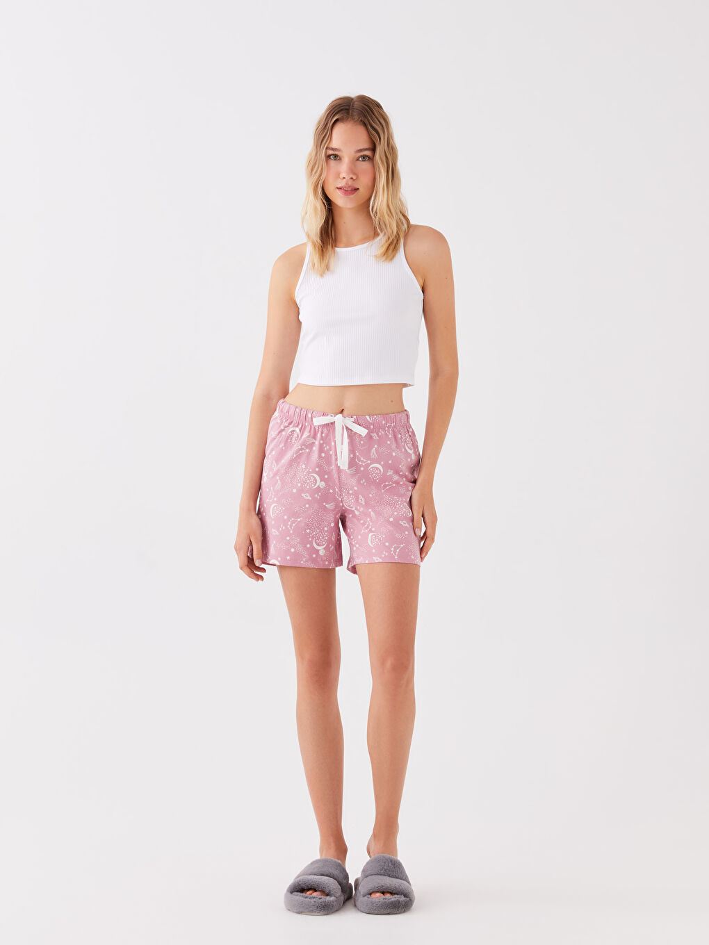 Pembe Beli Lastikli Desenli Kadın Şort Pijama Altı