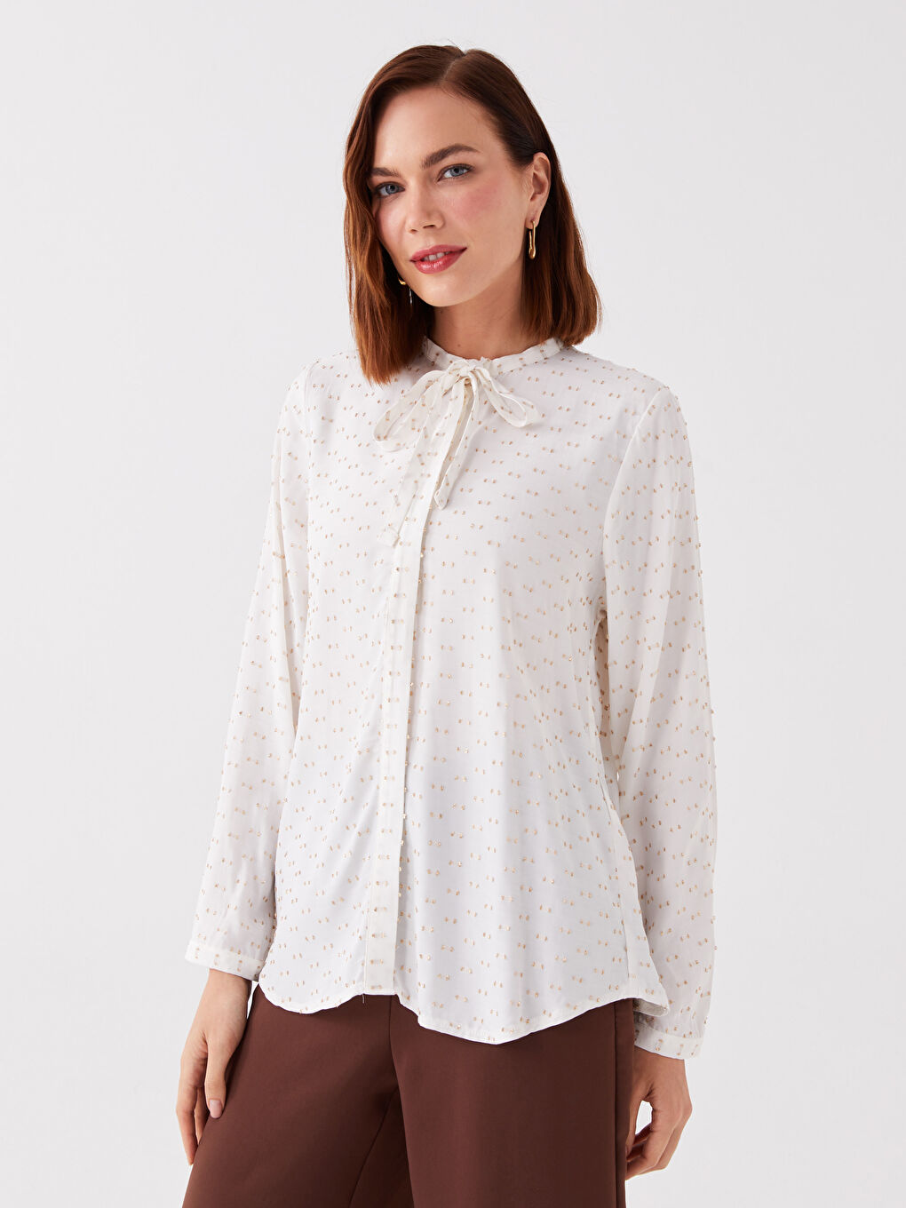 Ekru Bağlamalı Yaka Desenli Uzun Kollu Kadın Bluz-1