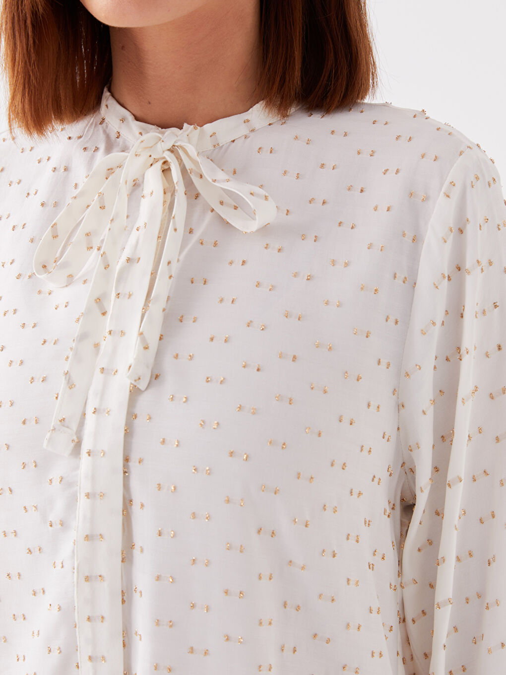 Ekru Bağlamalı Yaka Desenli Uzun Kollu Kadın Bluz-3