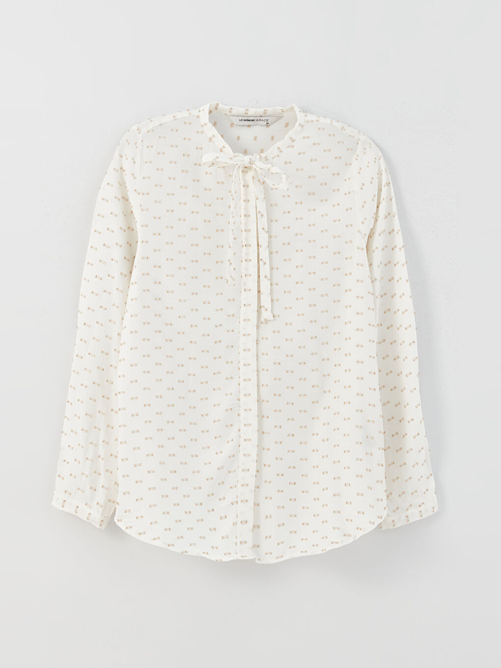 Ekru Bağlamalı Yaka Desenli Uzun Kollu Kadın Bluz-5