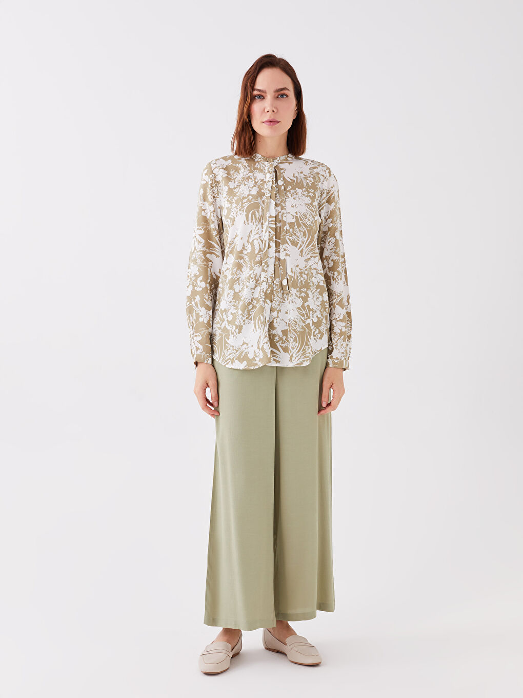 Yeşil Bağlamalı Yaka Desenli Uzun Kollu Kadın Bluz-2