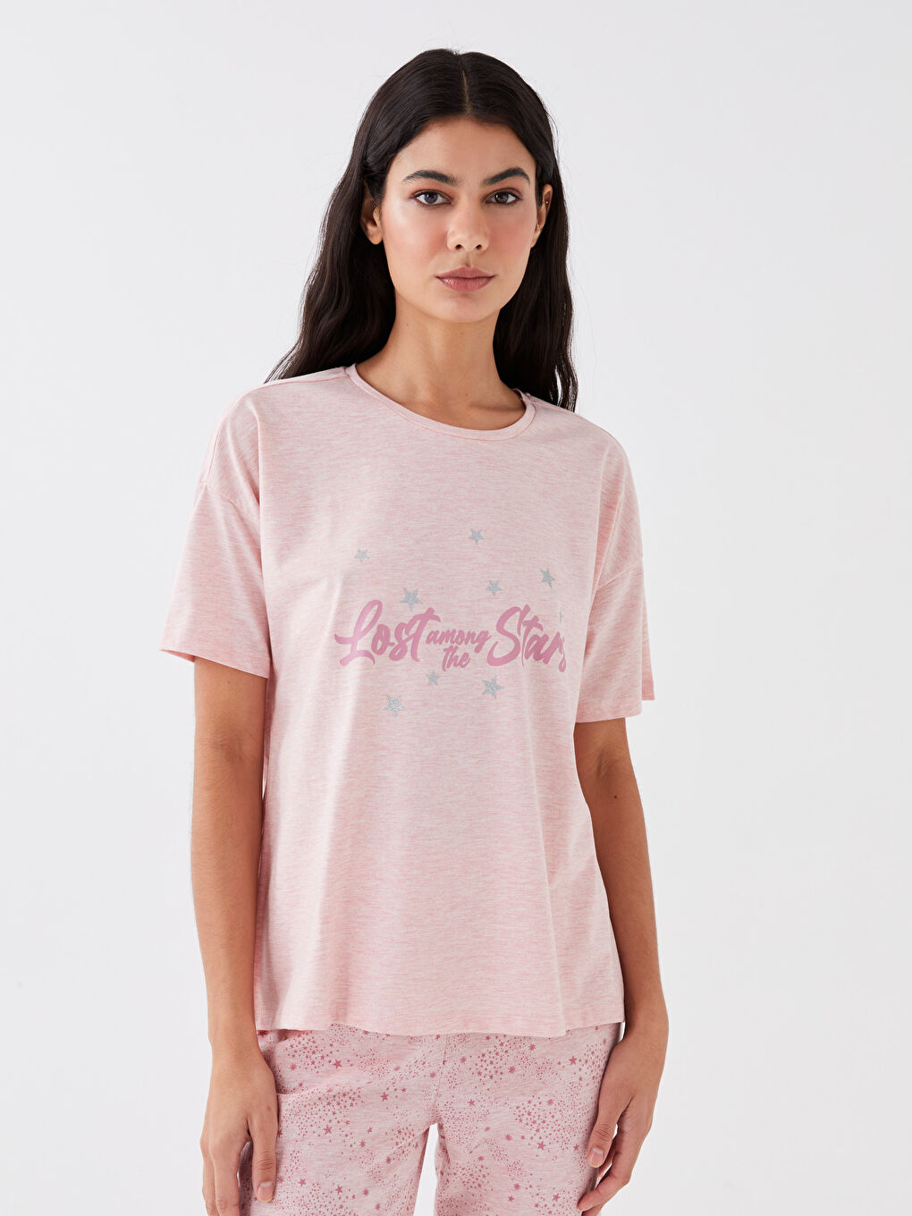 Pembe Bisiklet Yaka Baskılı Kadın Kaprili Pijama Takımı-1