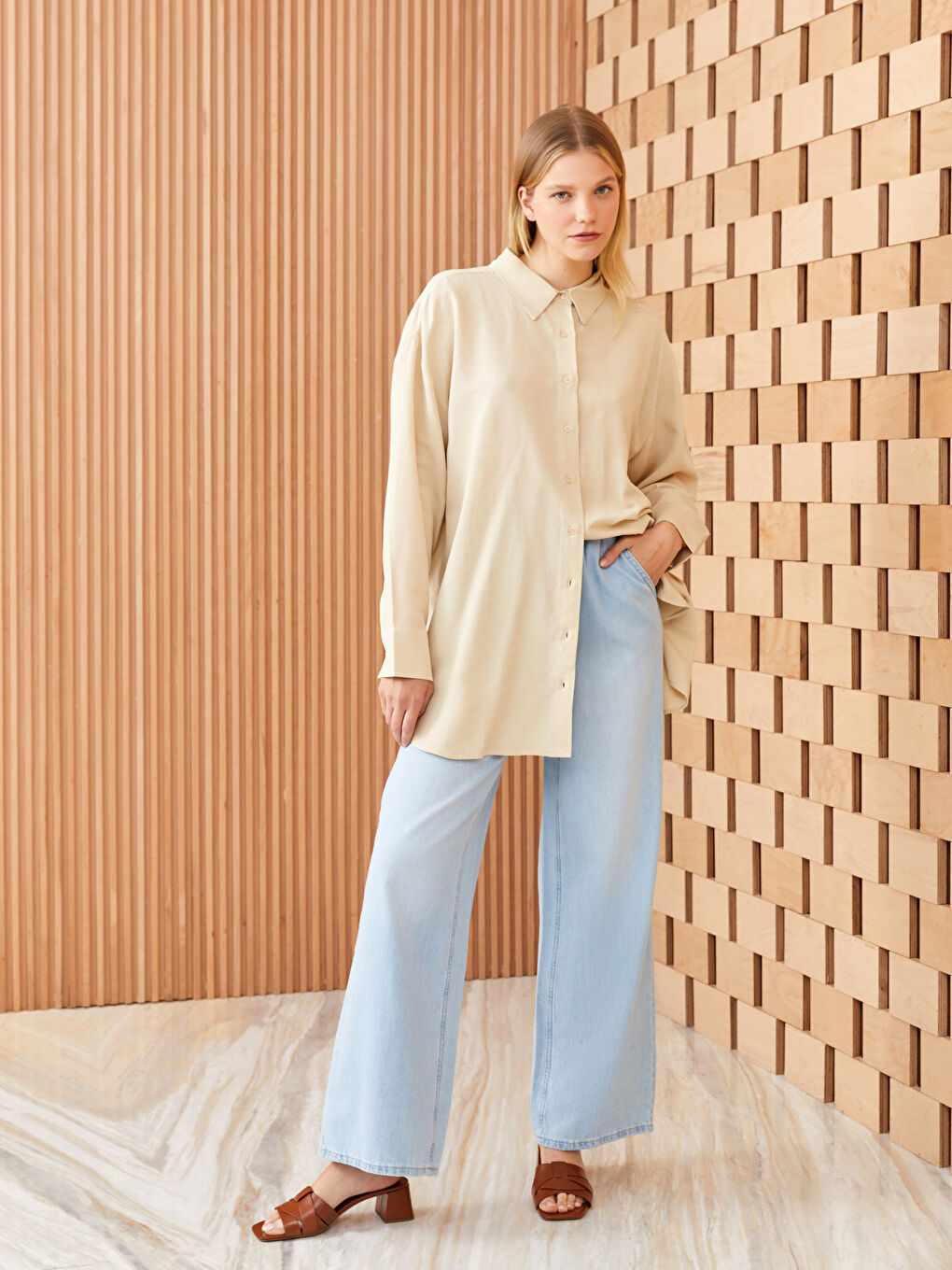 İndigo Beli Lastikli Wideleg Kadın Jean Pantolon