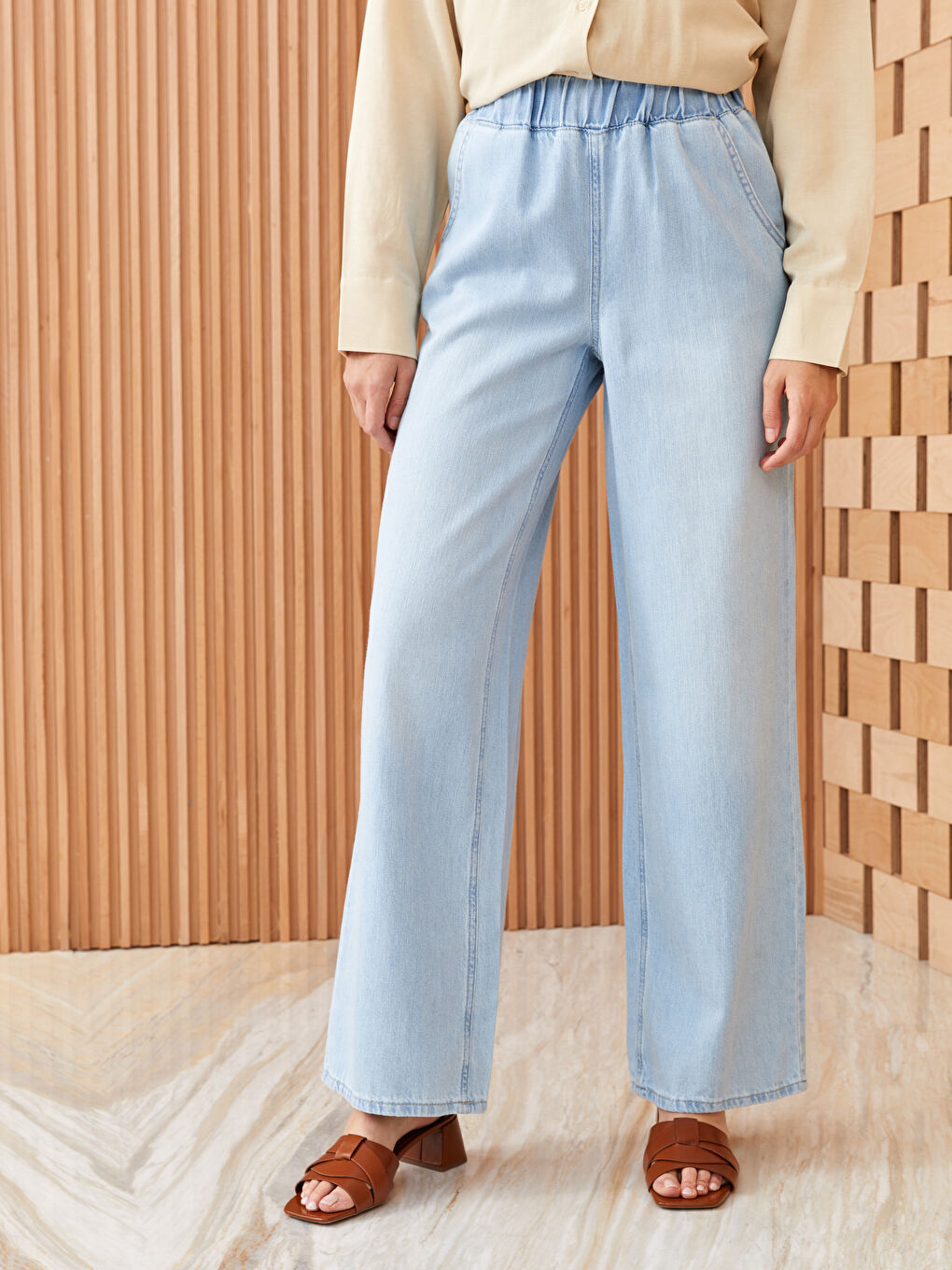 İndigo Beli Lastikli Wideleg Kadın Jean Pantolon-3