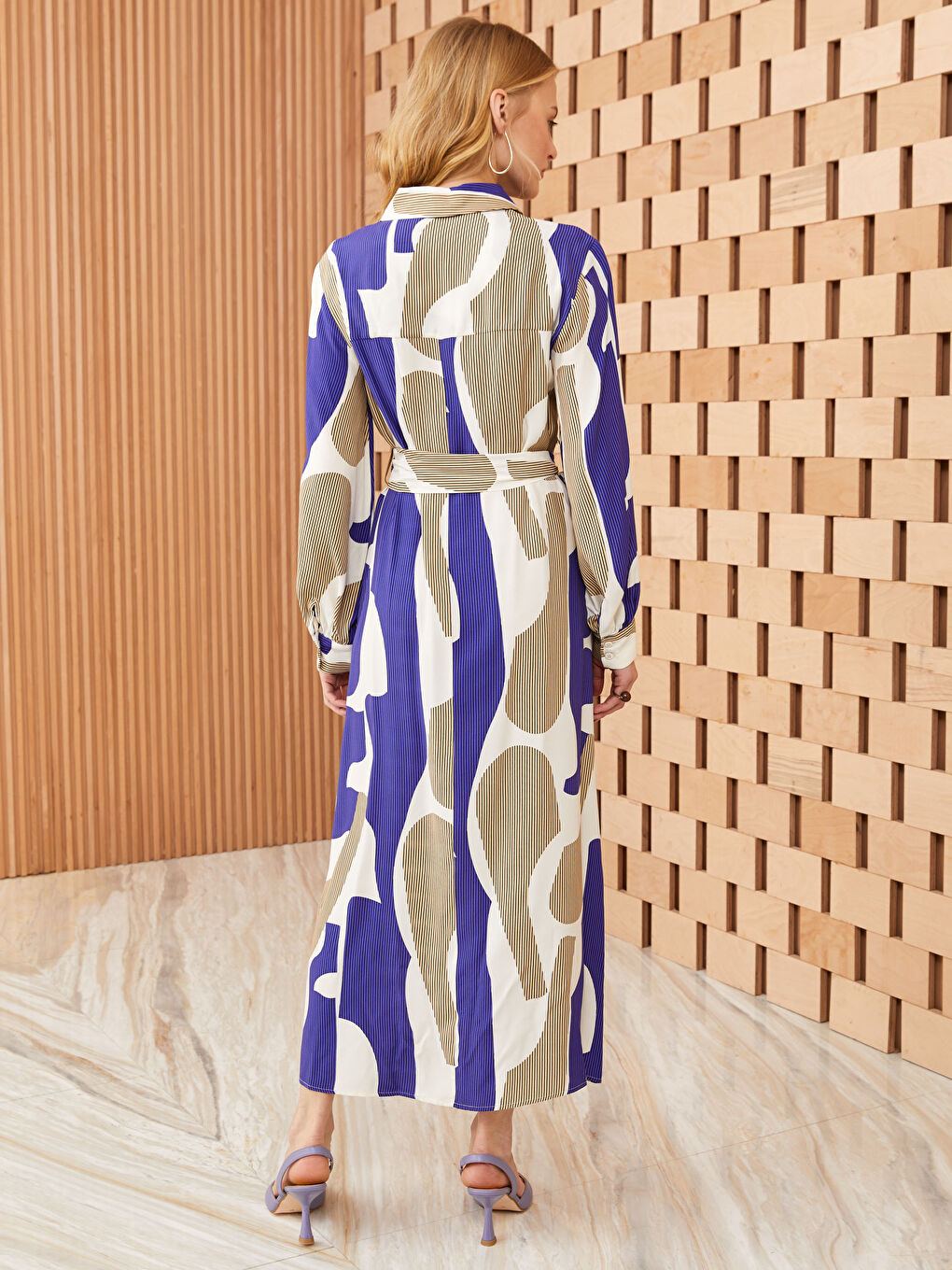 Mor Gömlek Yaka Desenli Uzun Kollu Saten Kadın Elbise-4