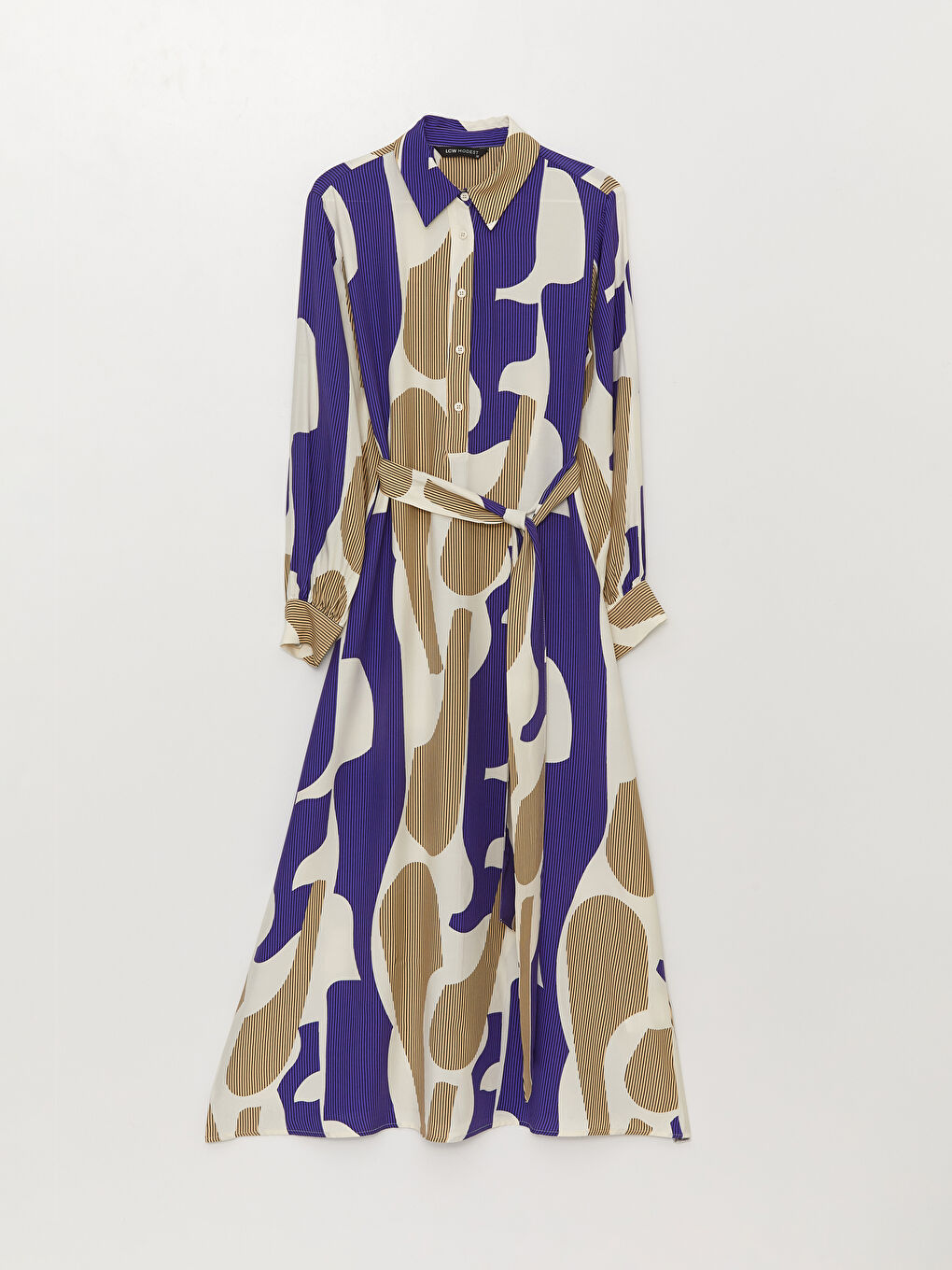 Mor Gömlek Yaka Desenli Uzun Kollu Saten Kadın Elbise-5