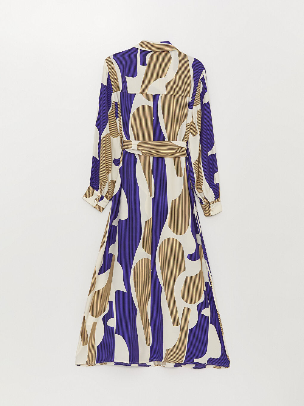 Mor Gömlek Yaka Desenli Uzun Kollu Saten Kadın Elbise-6