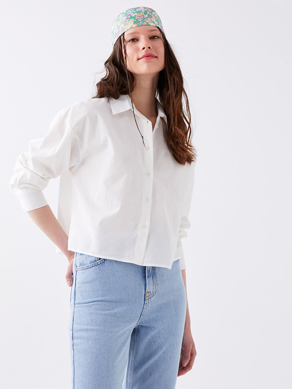 Beyaz Düz Uzun Kollu Keten Karışımlı Kadın Gömlek-1