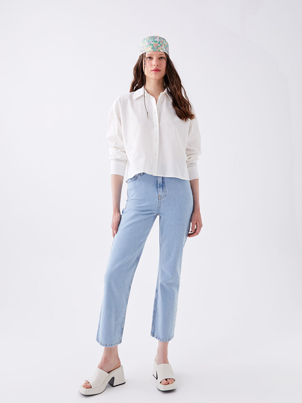 Beyaz Düz Uzun Kollu Keten Karışımlı Kadın Gömlek-2