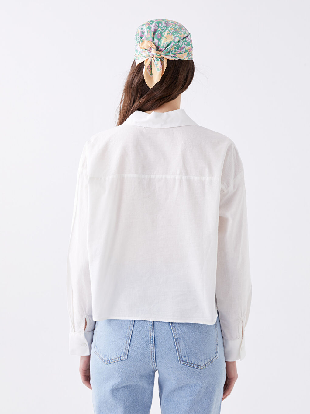 Beyaz Düz Uzun Kollu Keten Karışımlı Kadın Gömlek-4