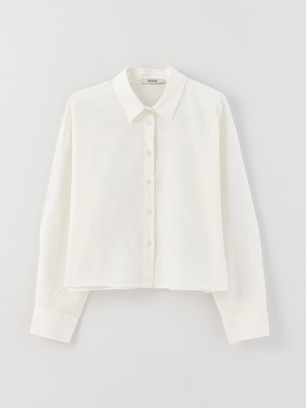 Beyaz Düz Uzun Kollu Keten Karışımlı Kadın Gömlek-5