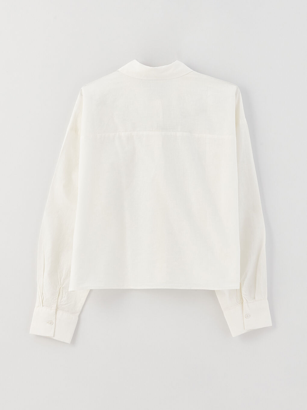 Beyaz Düz Uzun Kollu Keten Karışımlı Kadın Gömlek-6