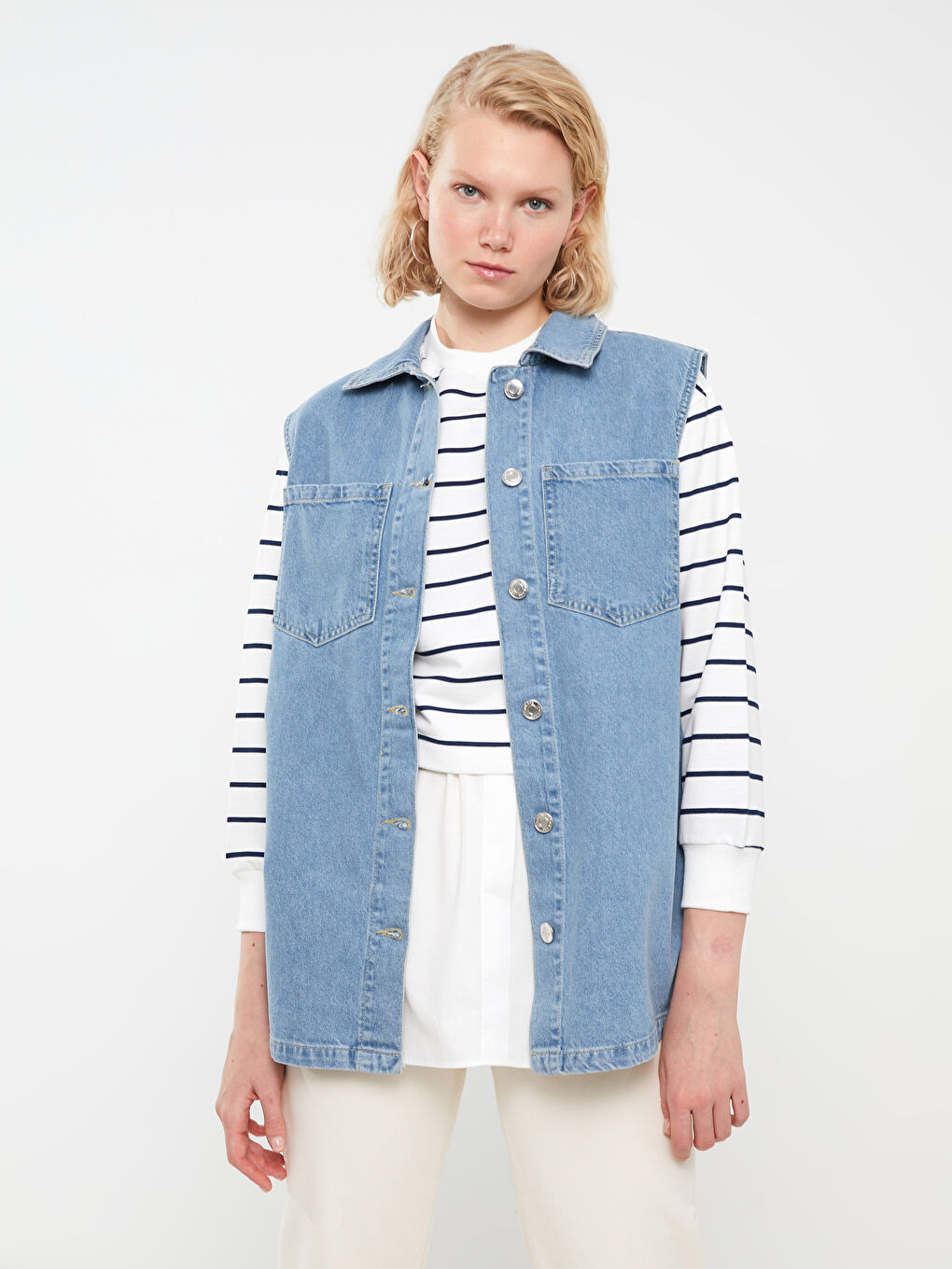 Women's Shirt Neck Regular Jean Vest-1