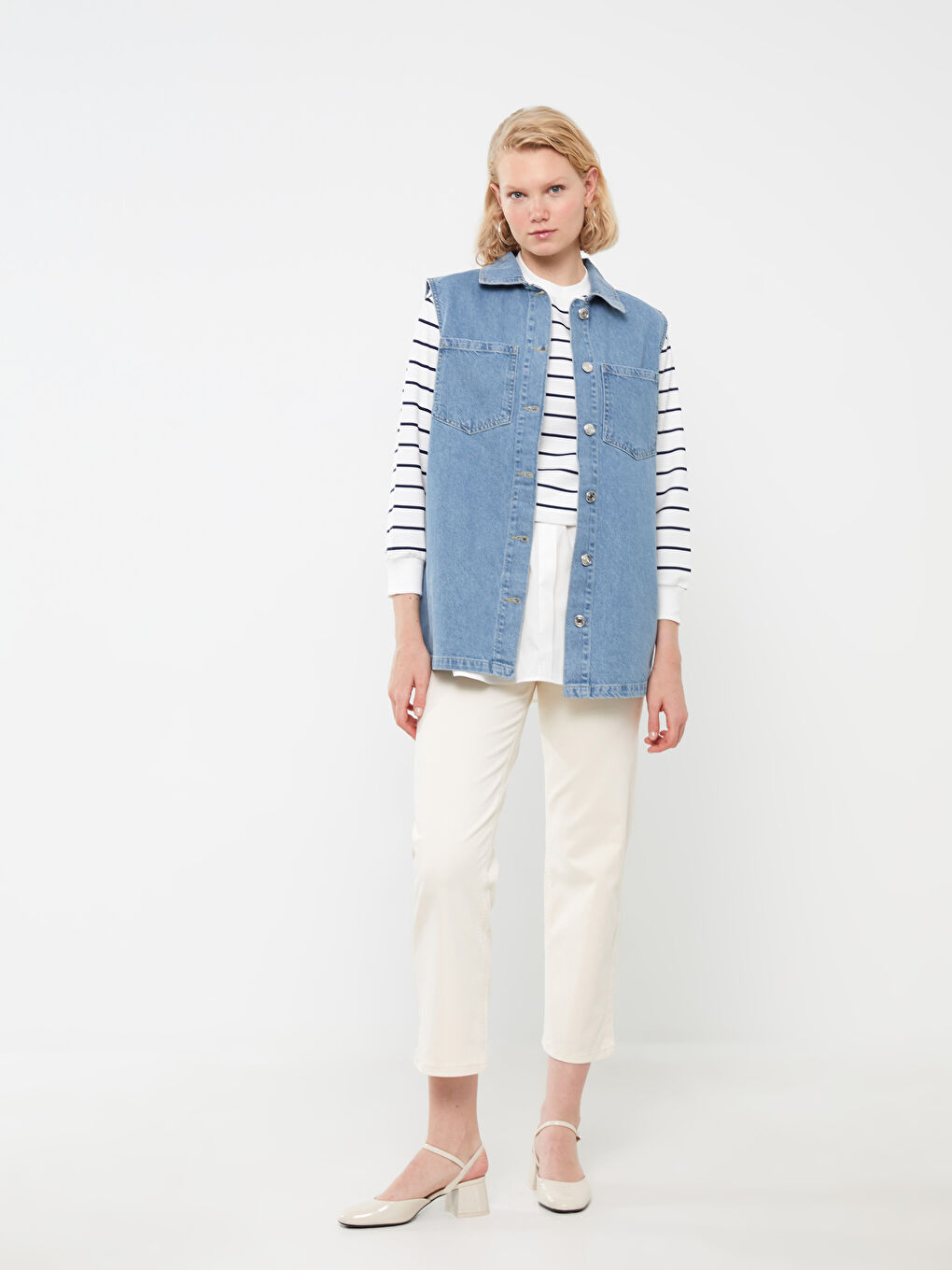 Women's Shirt Neck Regular Jean Vest-2