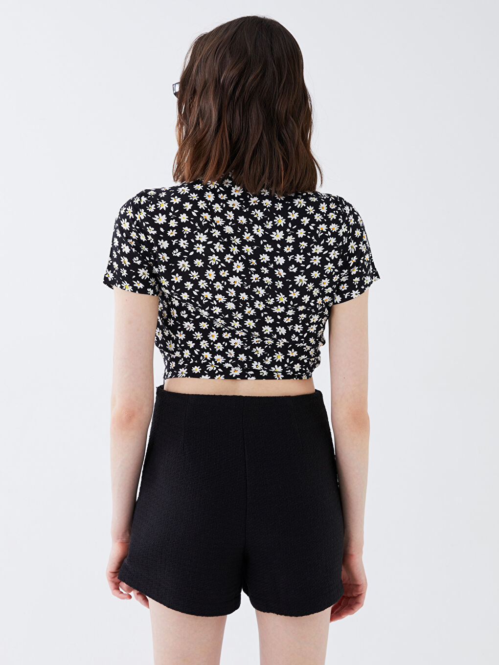 Blouse Coupe Courte à Manches Courtes Florale à Encolure en V pour Femmes-4