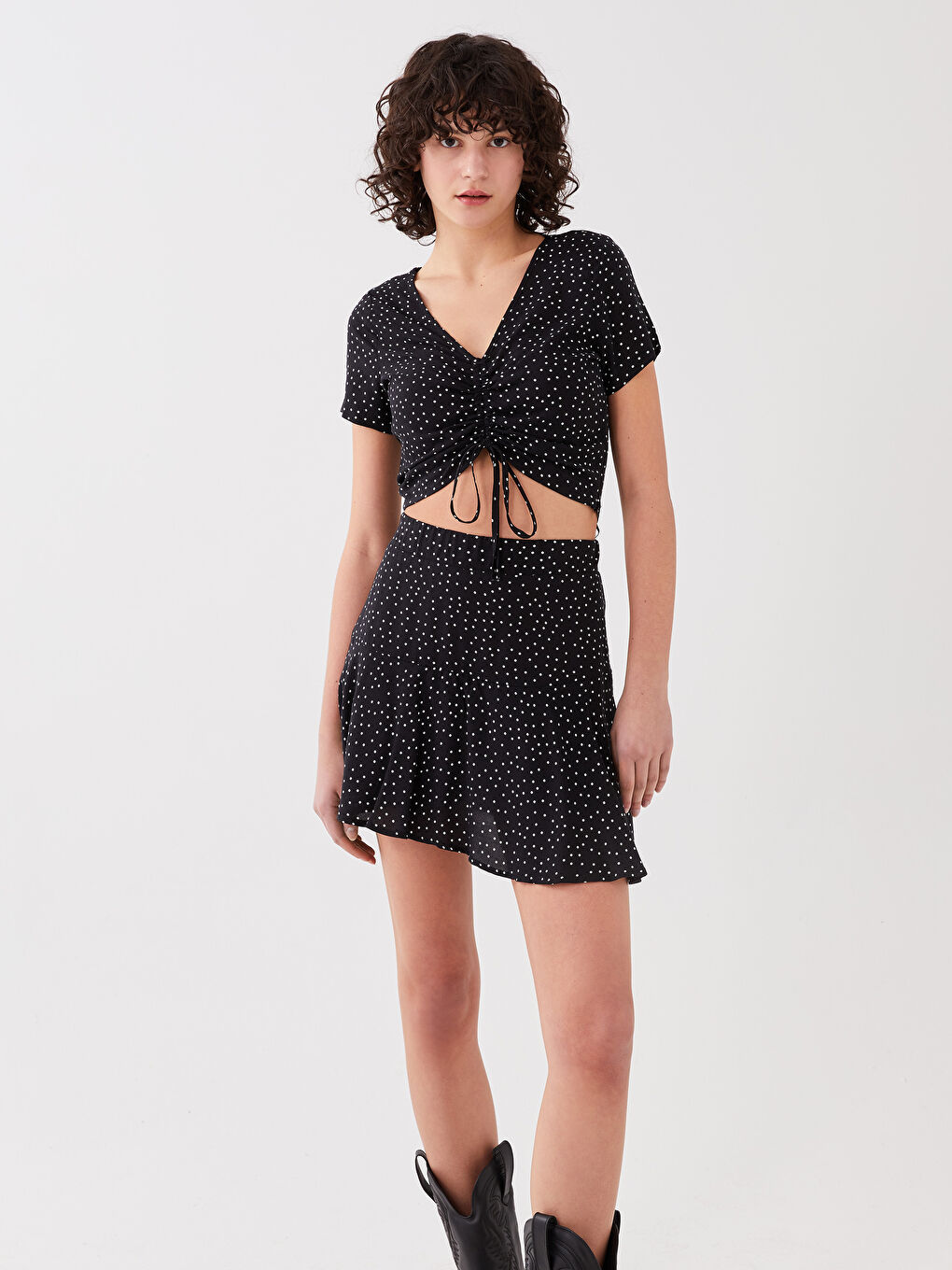 V-Neck Polka Dot Short Sleeve Crop Women's Blouse