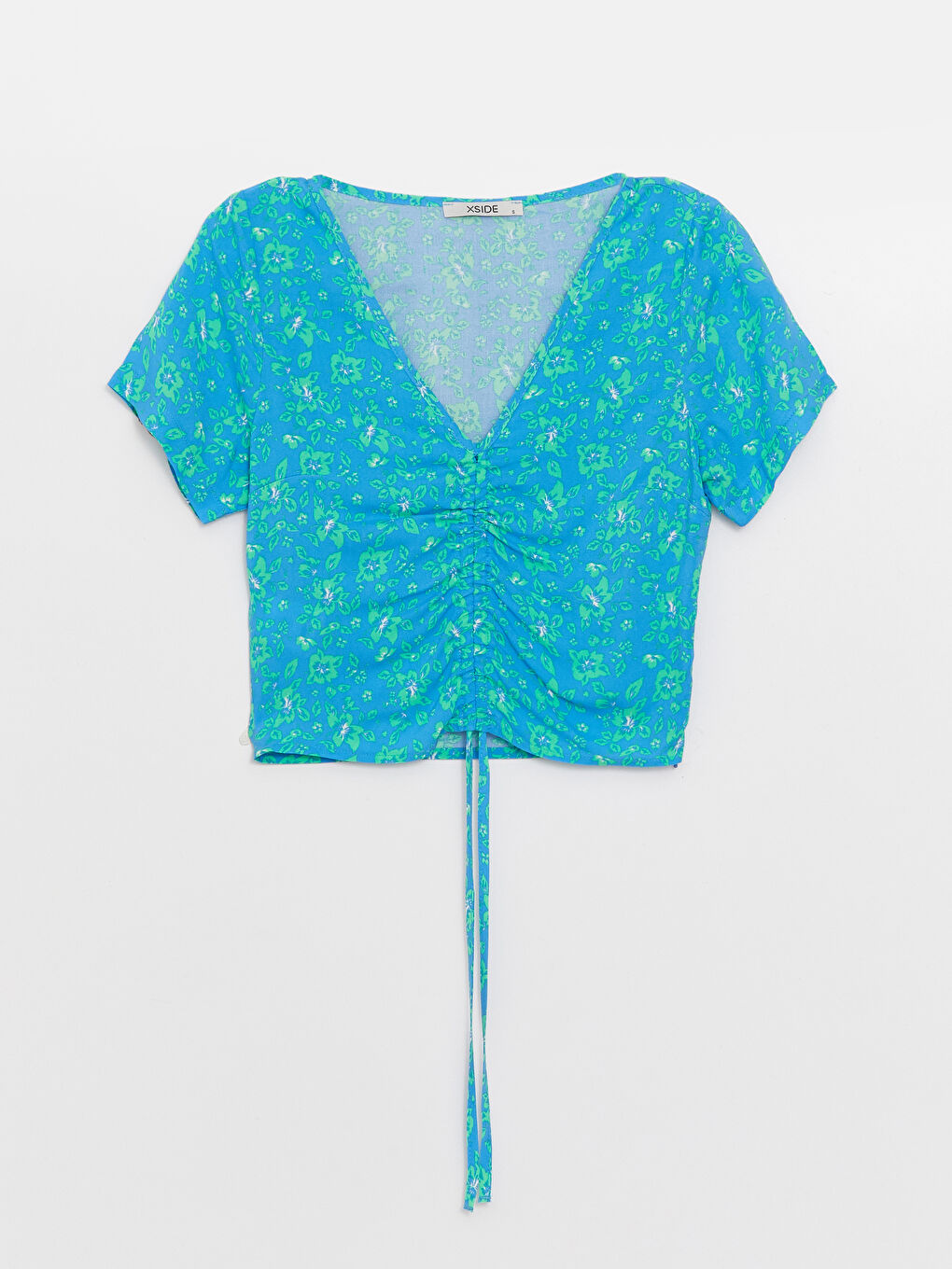 Mavi V Yaka Çiçekli Kısa Kollu Crop Kadın Bluz-5